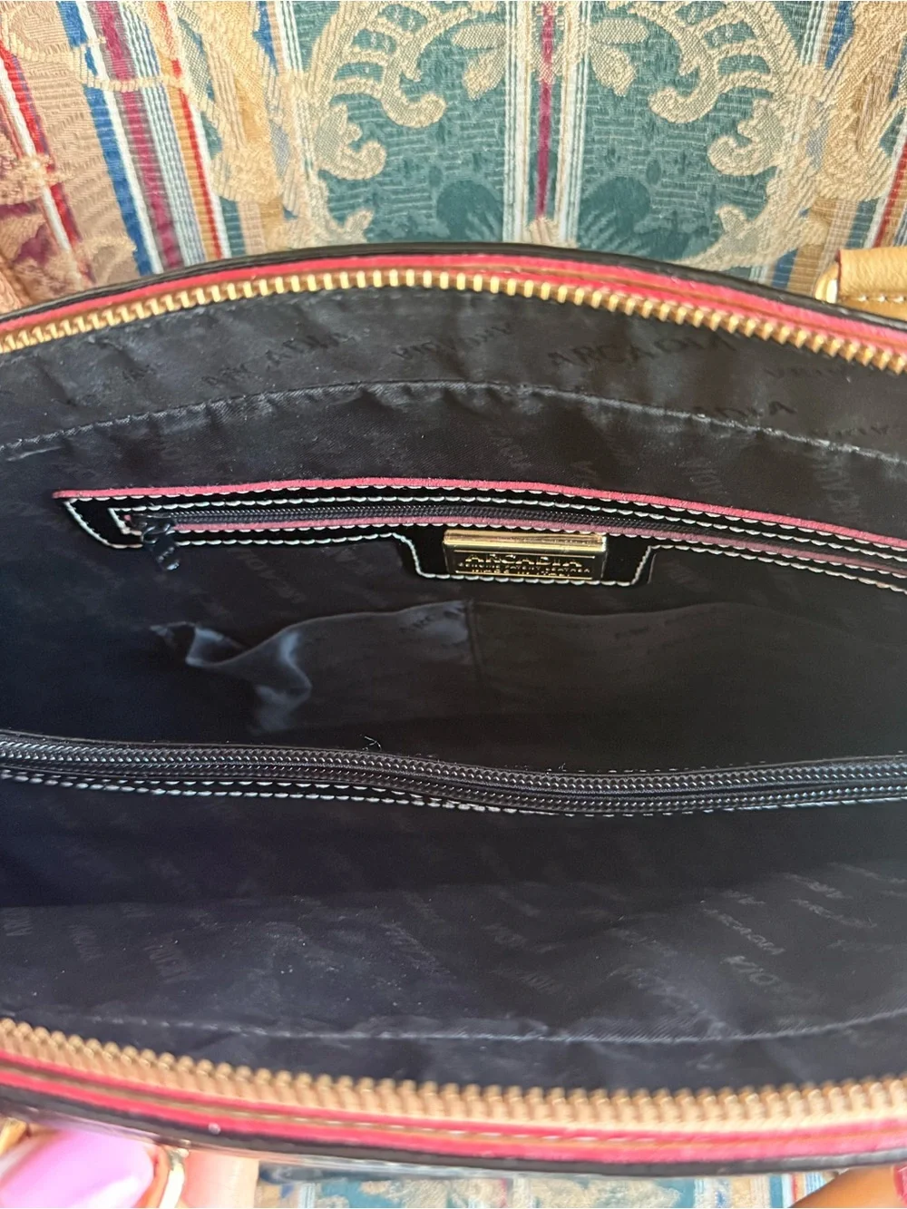 Arcadia Black Patent Tote with Tan Trim and Handles
